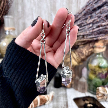 Vera Cruz Amethyst Fine Silver Crystal Earrings / Long Dangle Witchy Earrings