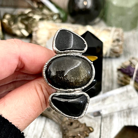 Size 10 Crystal Ring - Three Stone Ring Black Onyx & Silver Sheen Obsidian Silver Ring / Foxlark Collection - One of a Kind