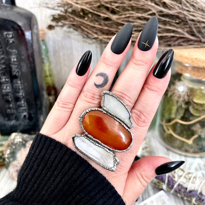 Size 9 Crystal Ring - Three Stone Ring Sea Glass Carnelian Clear Quartz Ring in Silver / Foxlark Collection - One of a Kind