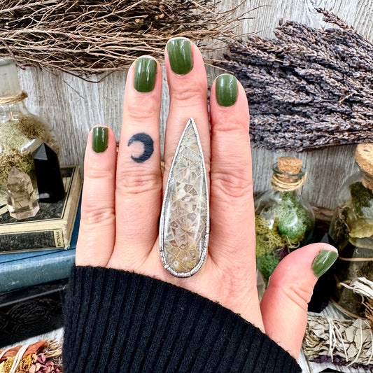 Big Fossilized Coral Crystal Ring Fine Silver Size 8.5 / Foxlark Collection - One of a Kind