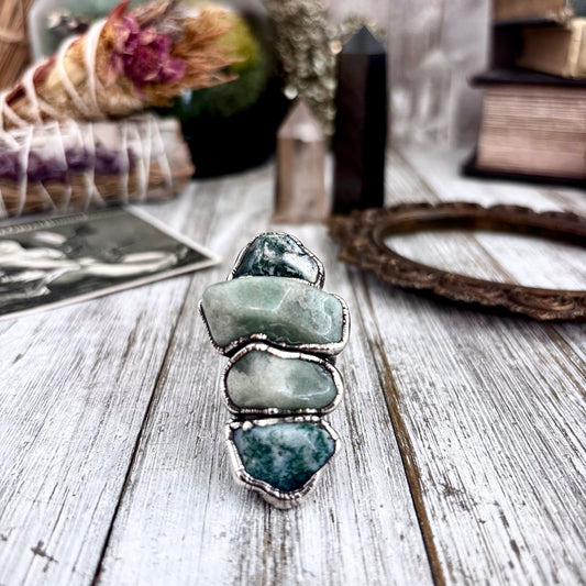 Multi Stone Aventurine Moss Agate Ring In Silver Size 8.5 / Foxlark Collection