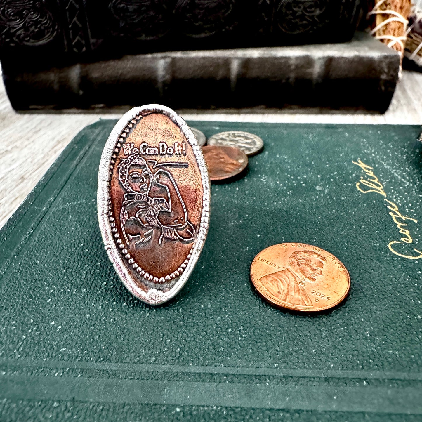 Lucky Penny Club - Vintage Rosie Riveter Pressed Penny Ring Fine Silver Size 10 / One of a Kind
