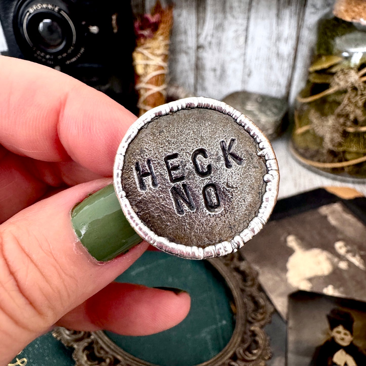 Lucky Penny Club -Blacksmith-forged Heck No Coin Ring Fine Silver Size 9 / One of a Kind