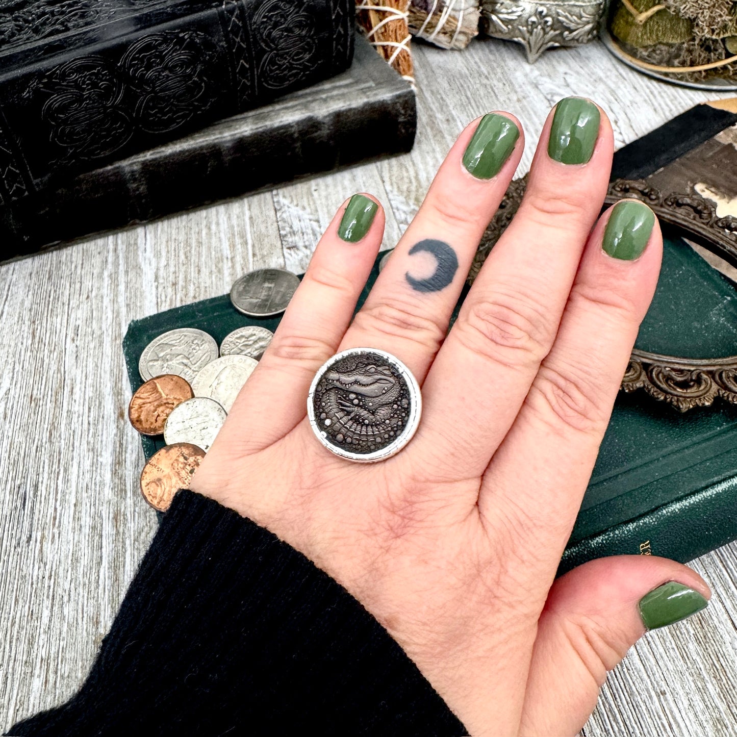 Lucky Penny Club - HOBO Nickel Alligator Coin Ring Fine Silver Size 7.5 / One of a Kind