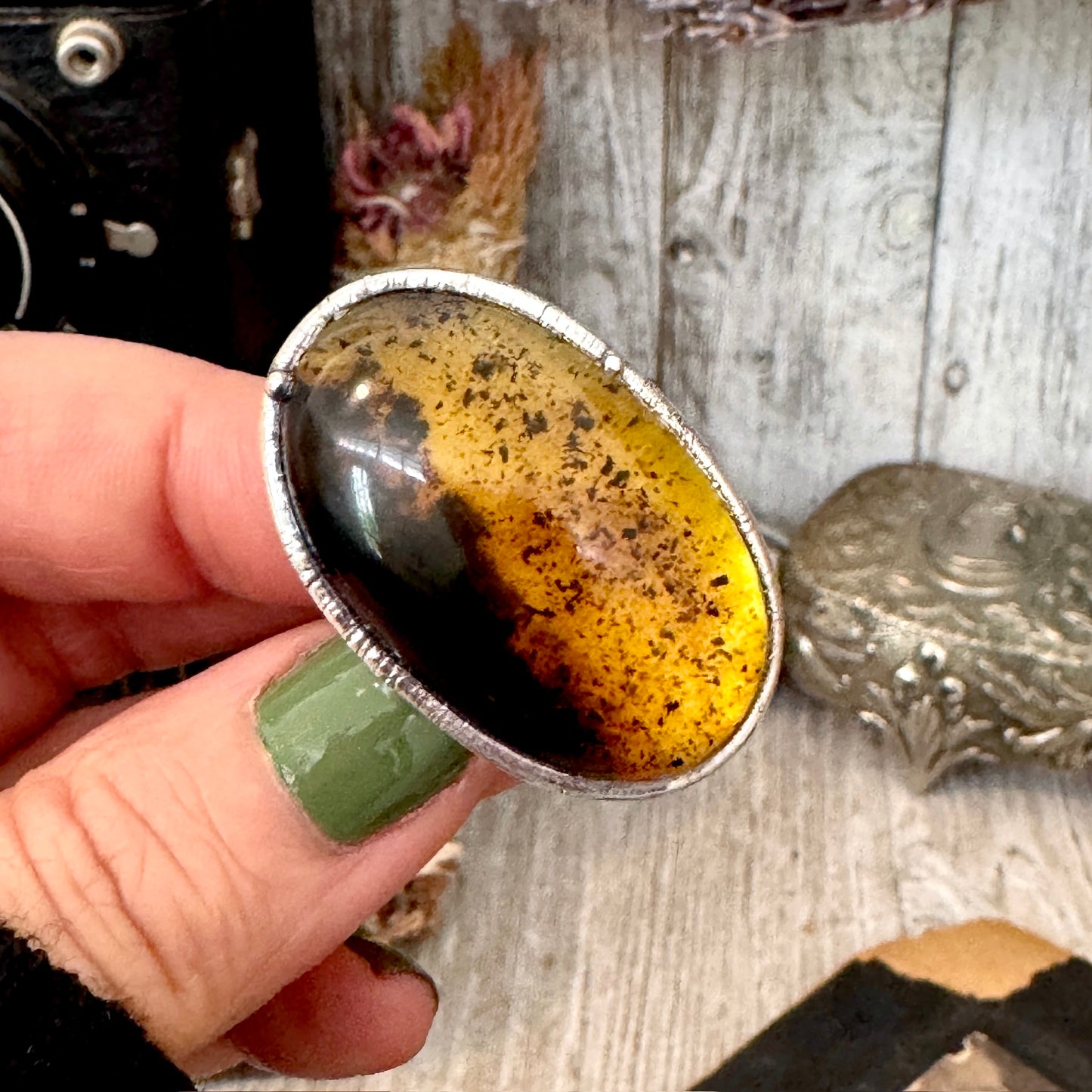 The Colossal Collection - Baltic Amber Ring Fine Silver Size 7.5 / One of a Kind FOXLARK