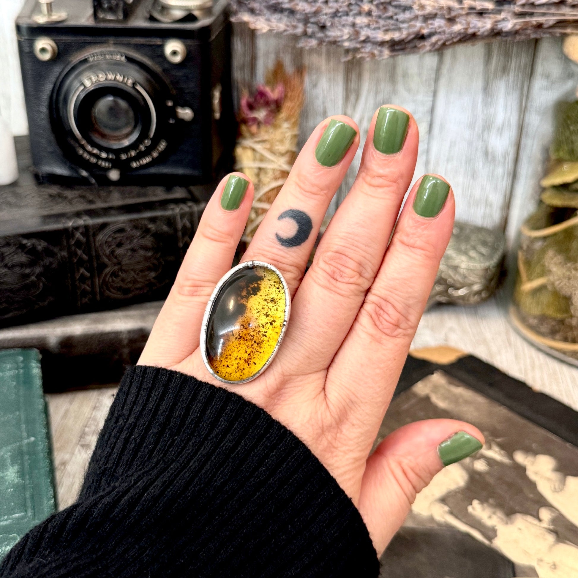 The Colossal Collection - Baltic Amber Ring Fine Silver Size 7.5 / One of a Kind FOXLARK