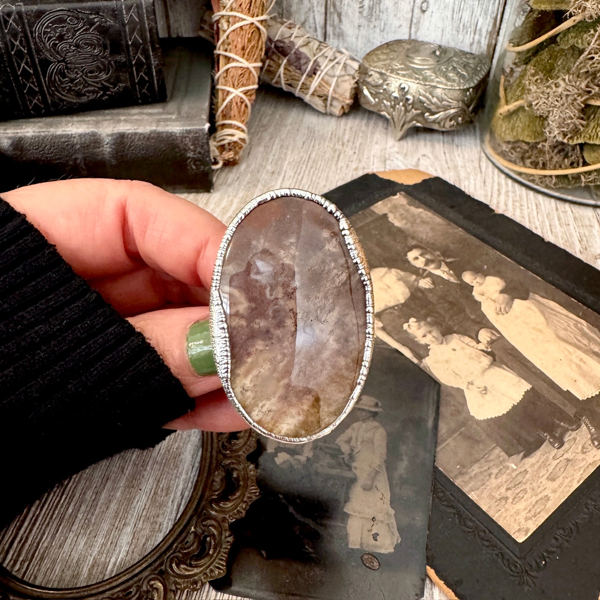 The Colossal Collection - Fancy Moss Agate Crystal Ring Set in Fine Silver Size 8.5 / One of a Kind FOXLARK