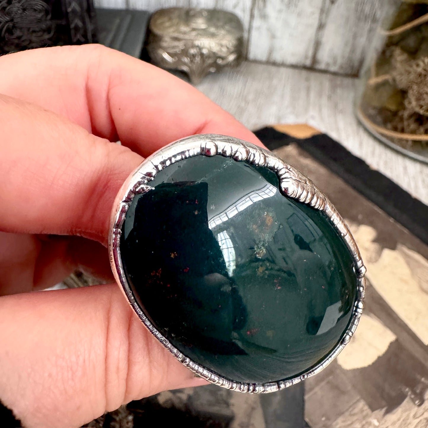 The Colossal Collection - Bloodstone Crystal Statement Ring Size 11 Fine Silver / Foxlark Collection