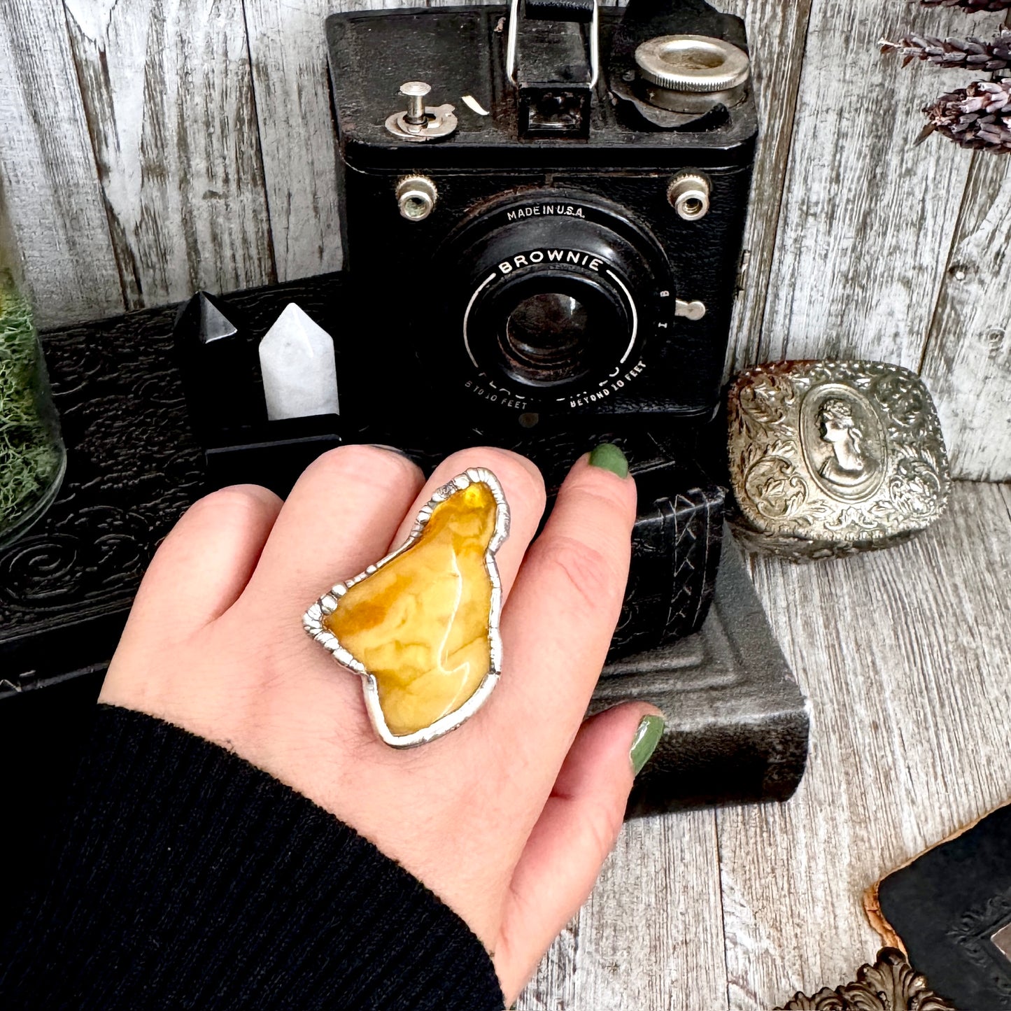 The Colossal Collection - Raw Baltic Amber Crystal Ring Fine Silver Size 10 / Foxlark Collection - One of a Kind FOXLARK