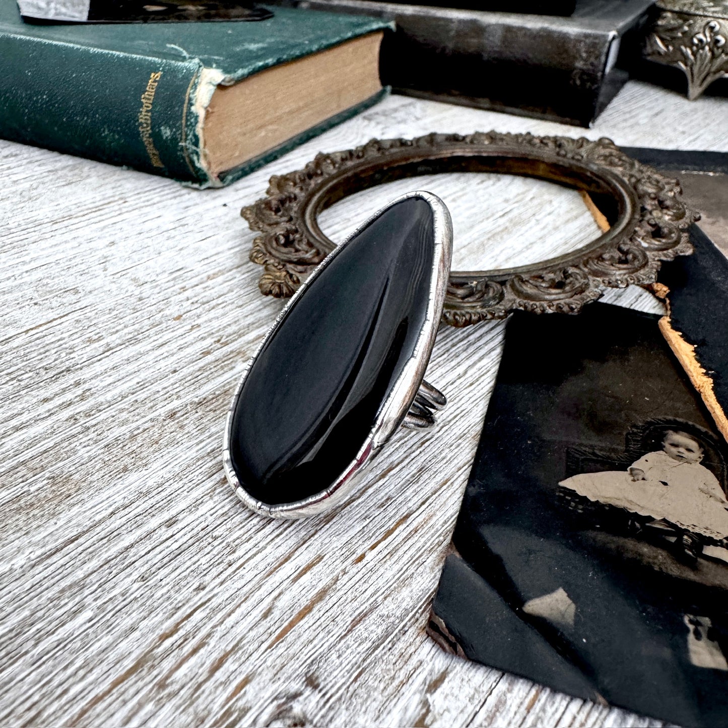 The Colossal Collection - Black Agate Crystal Ring Fine Silver Size 9 / Foxlark Collection - One of a Kind FOXLARK