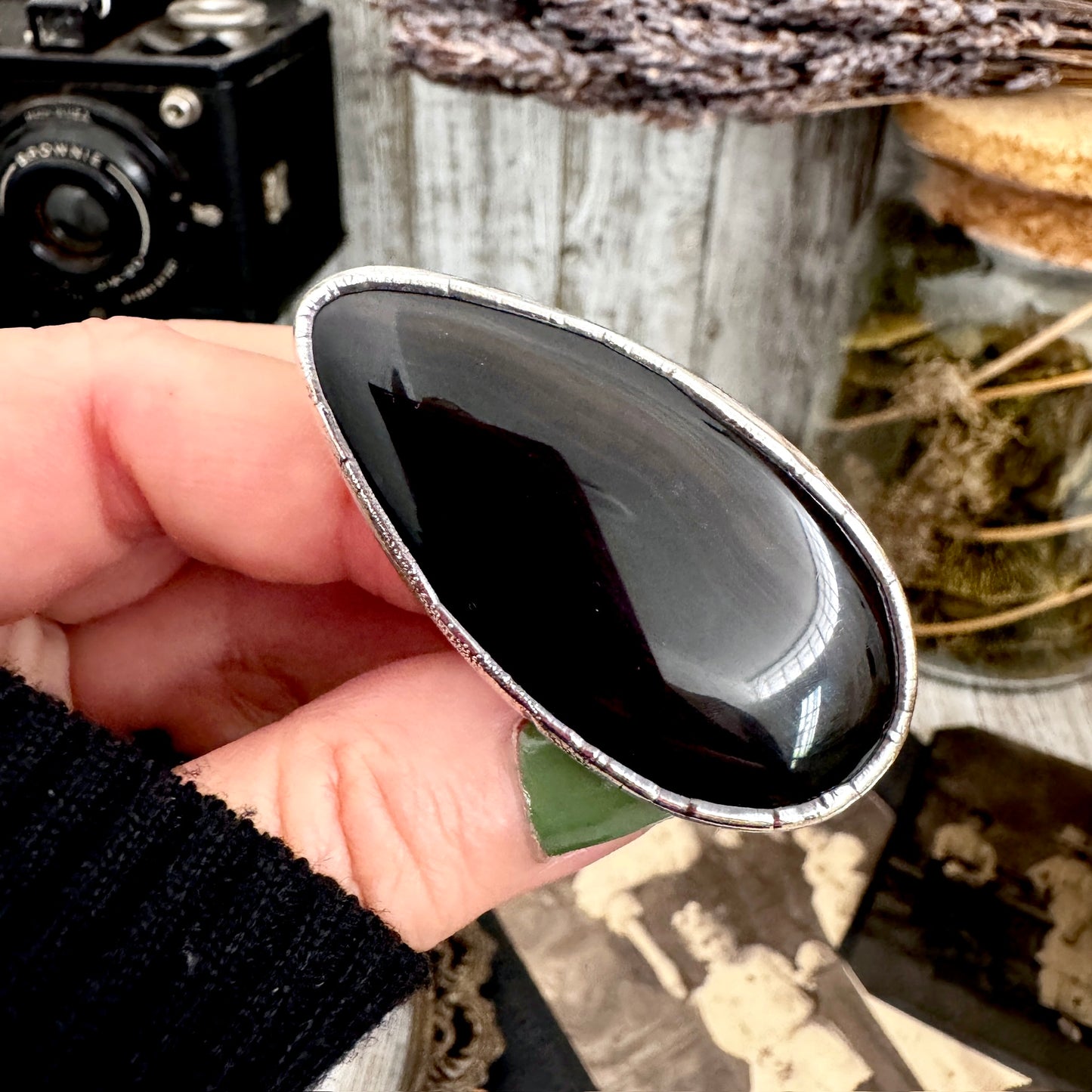 The Colossal Collection - Black Agate Crystal Ring Fine Silver Size 9 / Foxlark Collection - One of a Kind FOXLARK