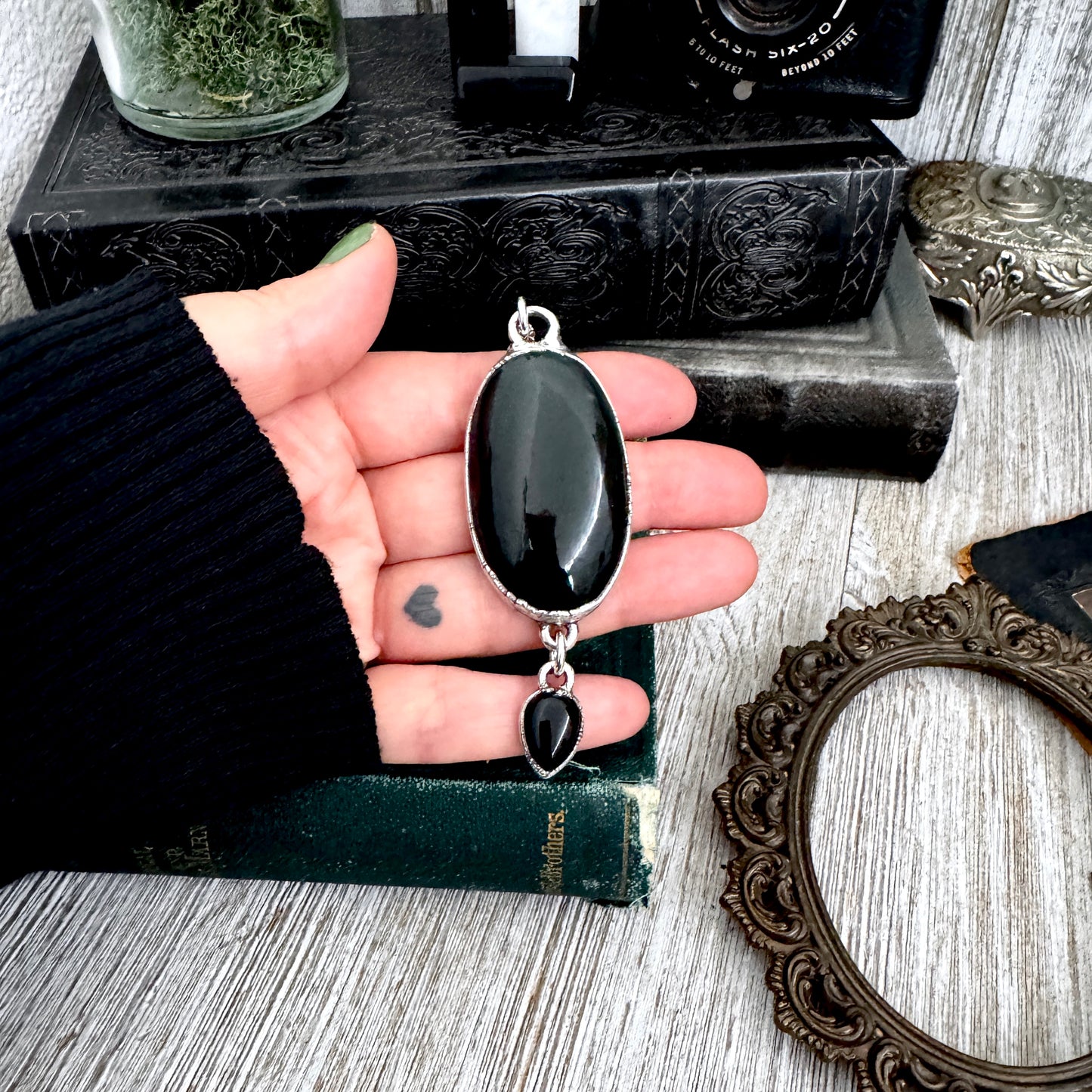 The Colossal Collection - Black Obsidian and Black Onyx Dangly Crystal Necklace in Fine Silver / One of a Kind