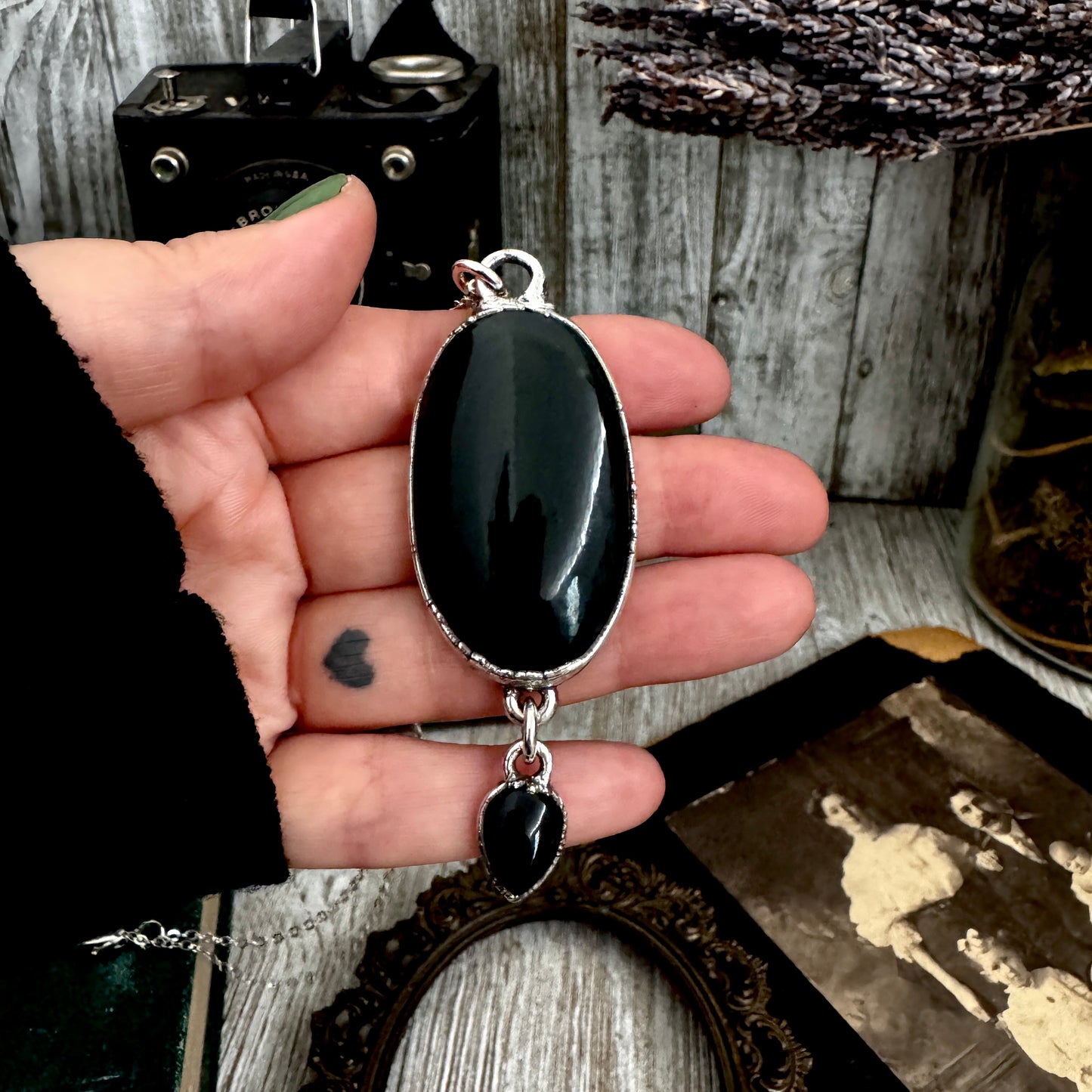 The Colossal Collection - Black Obsidian and Black Onyx Dangly Crystal Necklace in Fine Silver / One of a Kind