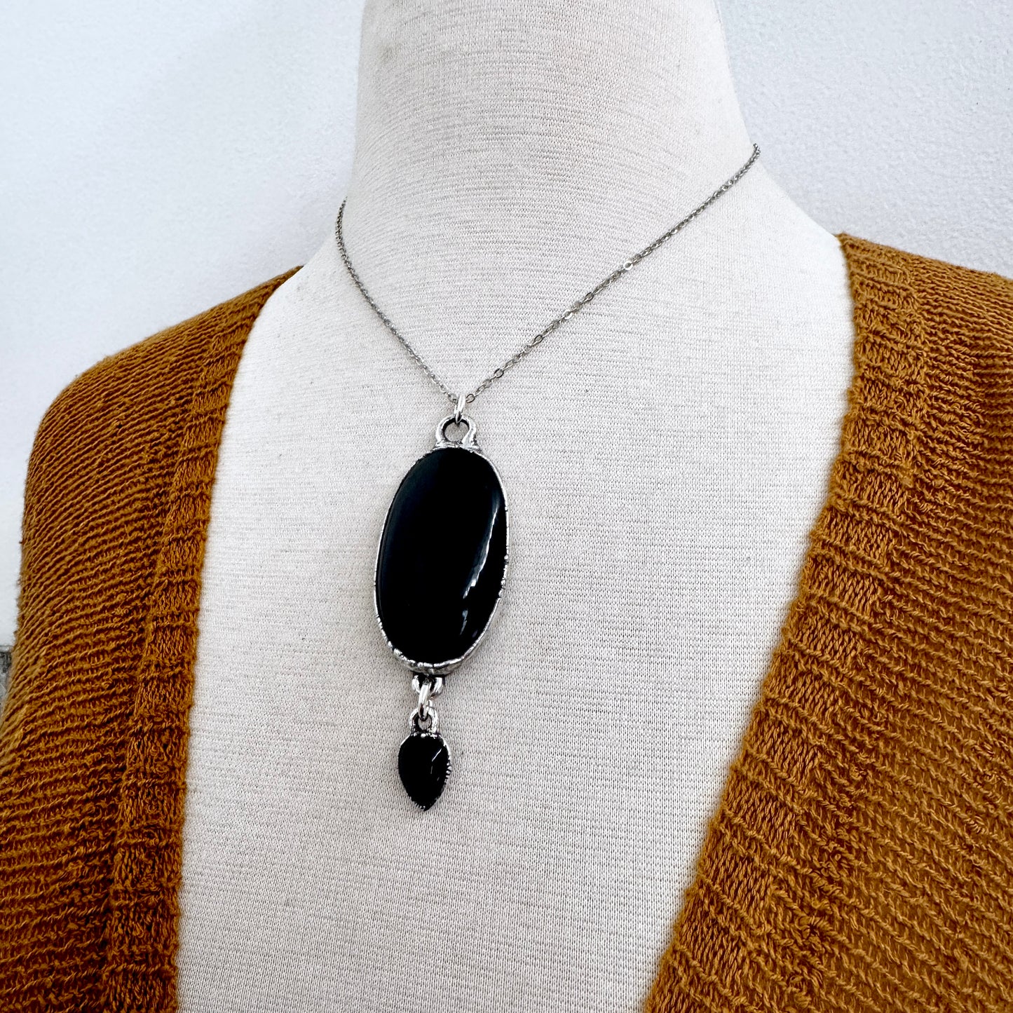 The Colossal Collection - Black Obsidian and Black Onyx Dangly Crystal Necklace in Fine Silver / One of a Kind