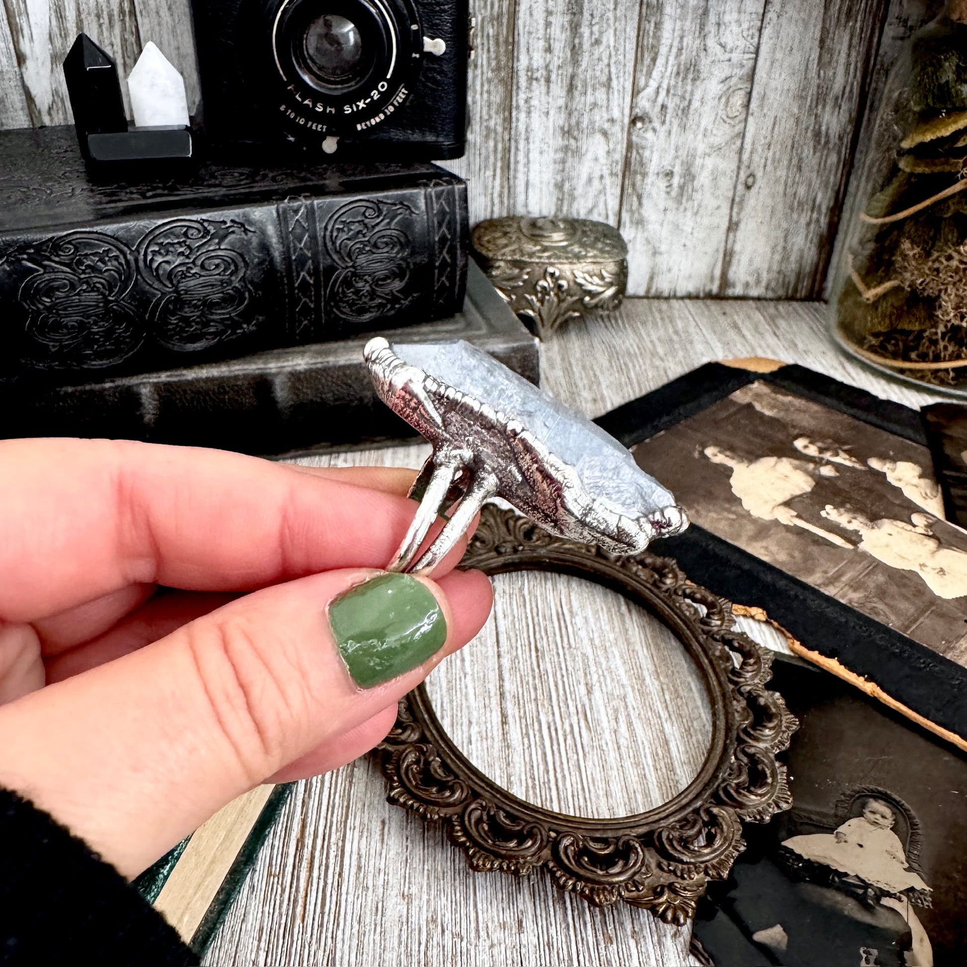 The Colossal Collection - Aqua Aura Quartz Crystal Ring Set in Fine Silver Size 8 / One of a Kind FOXLARK