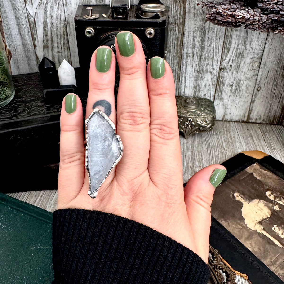 FOXLARK Aqua Aura Quartz crystal ring set in fine silver, size 8, featuring vibrant blue stones and intricate silver detailing.
