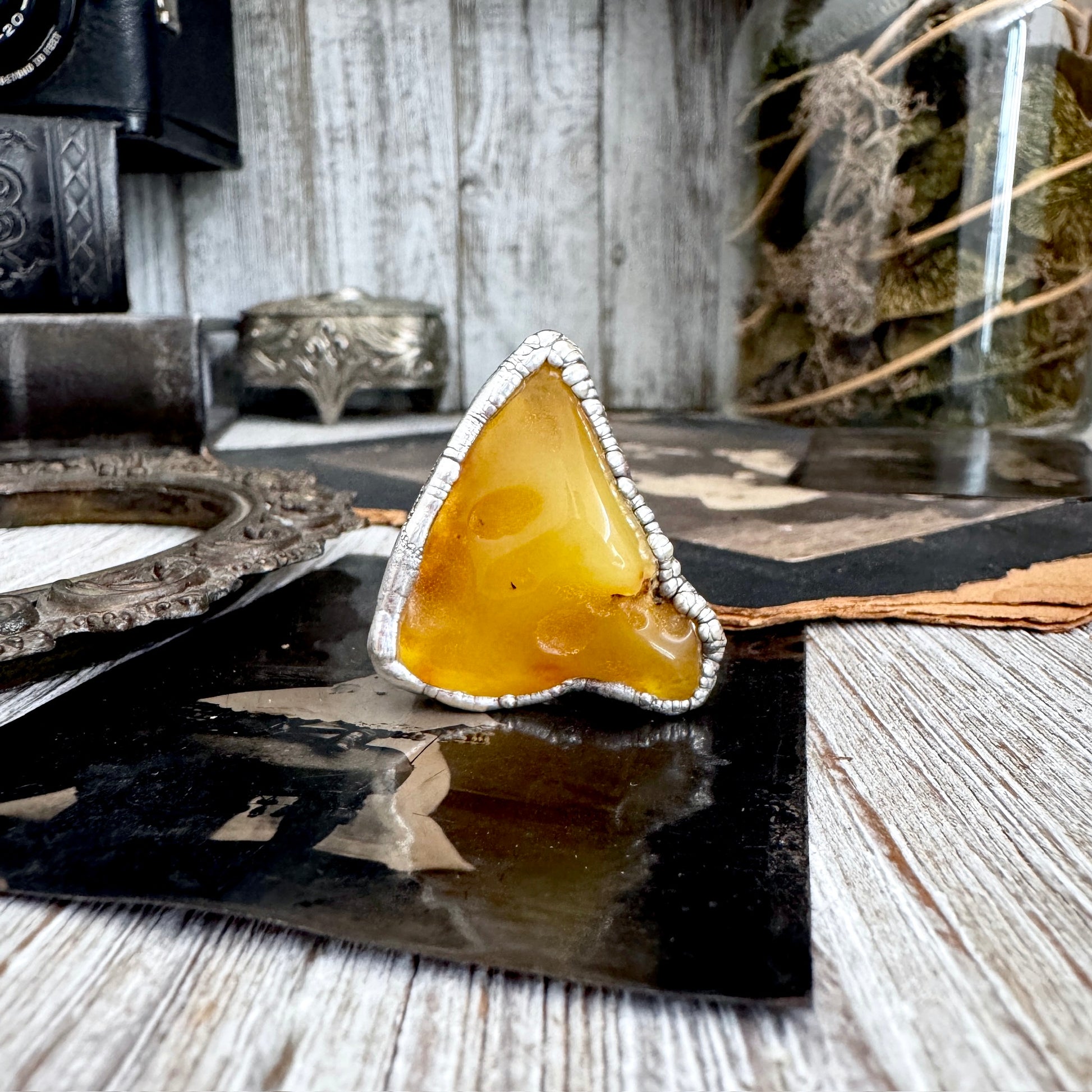 The Colossal Collection - Raw Baltic Amber Crystal Ring Fine Silver Size 8 / One of a Kind FOXLARK