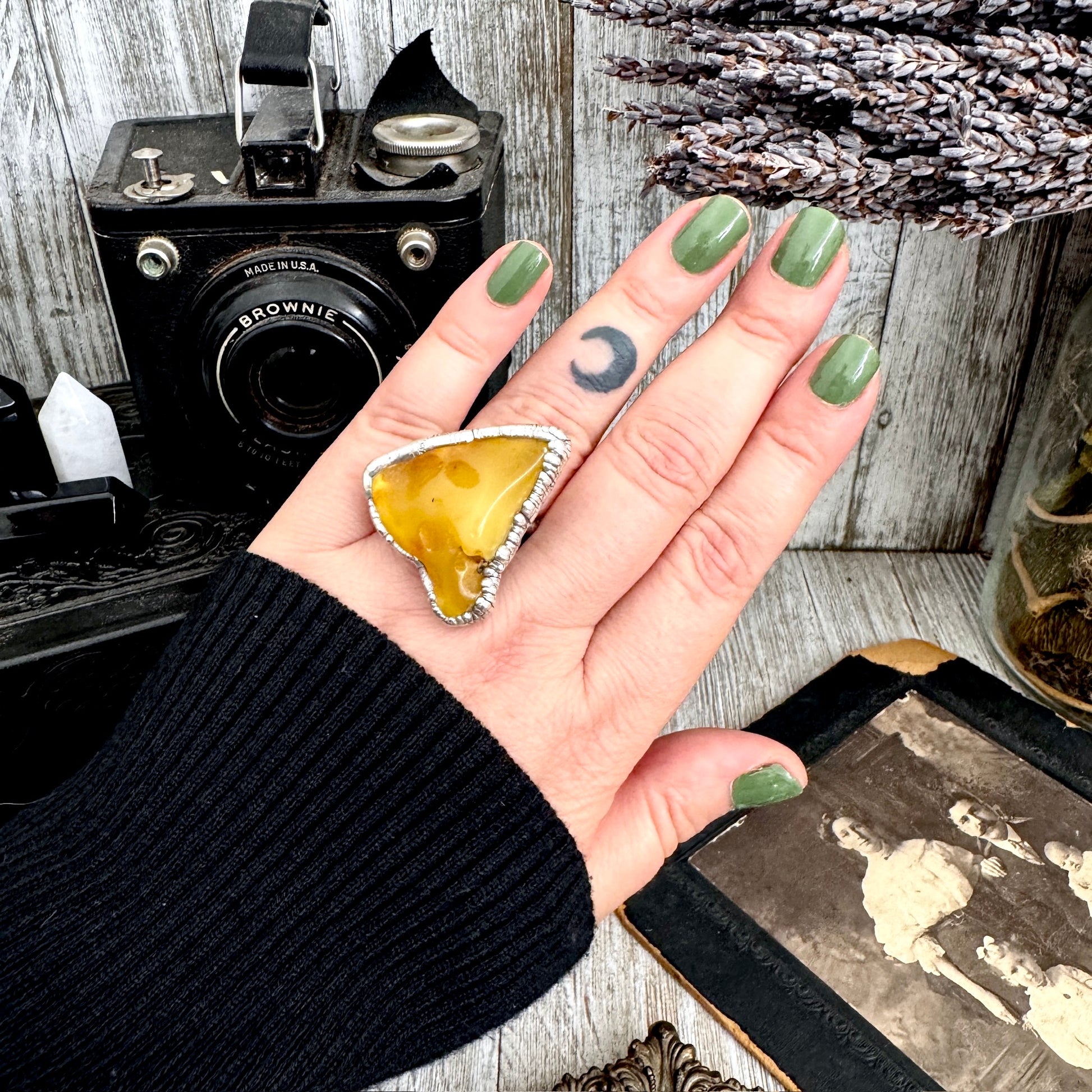 The Colossal Collection - Raw Baltic Amber Crystal Ring Fine Silver Size 8 / One of a Kind FOXLARK