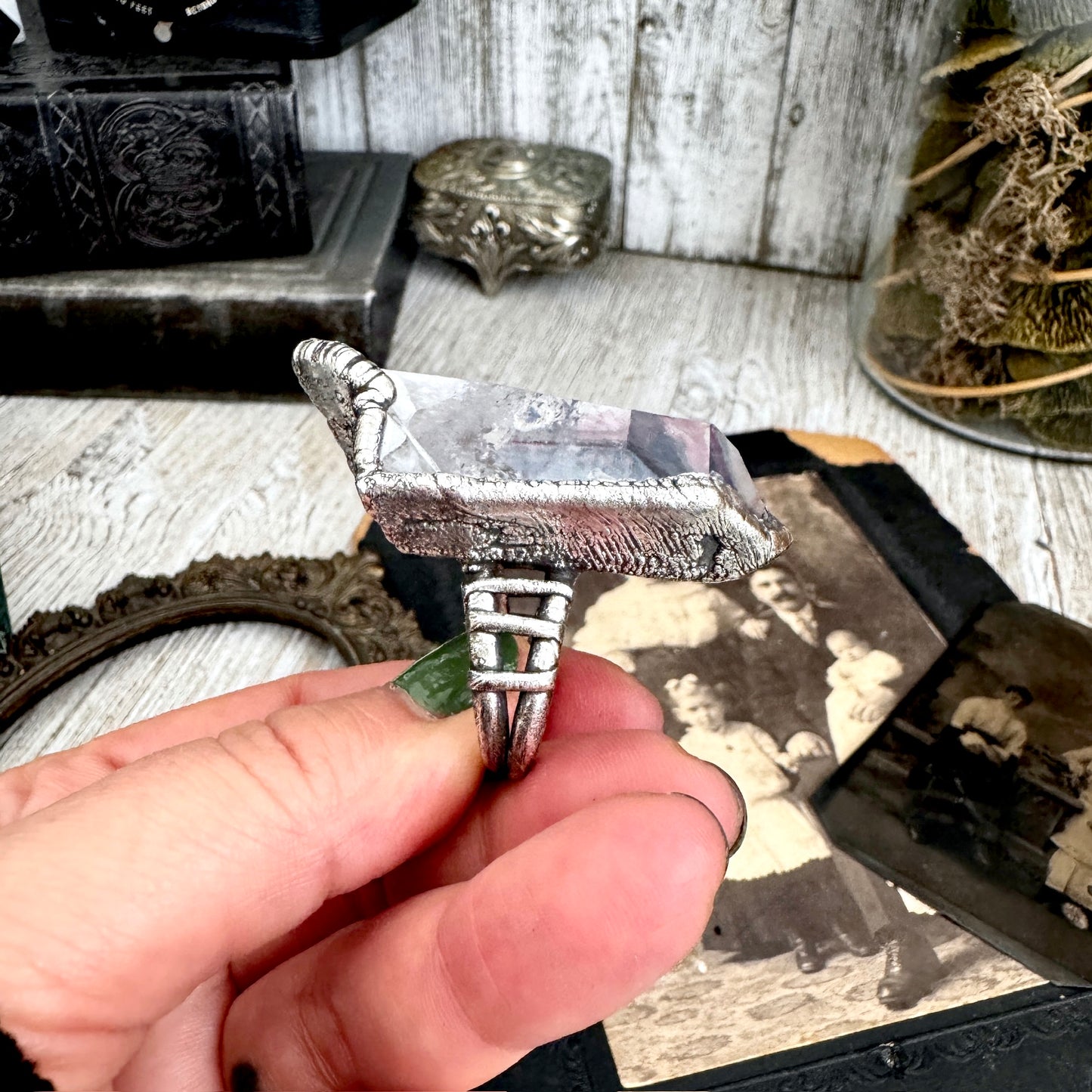 The Colossal Collection - Aqua Aura Quartz Crystal Ring Set in Fine Silver Size 8.5 / One of a Kind FOXLARK