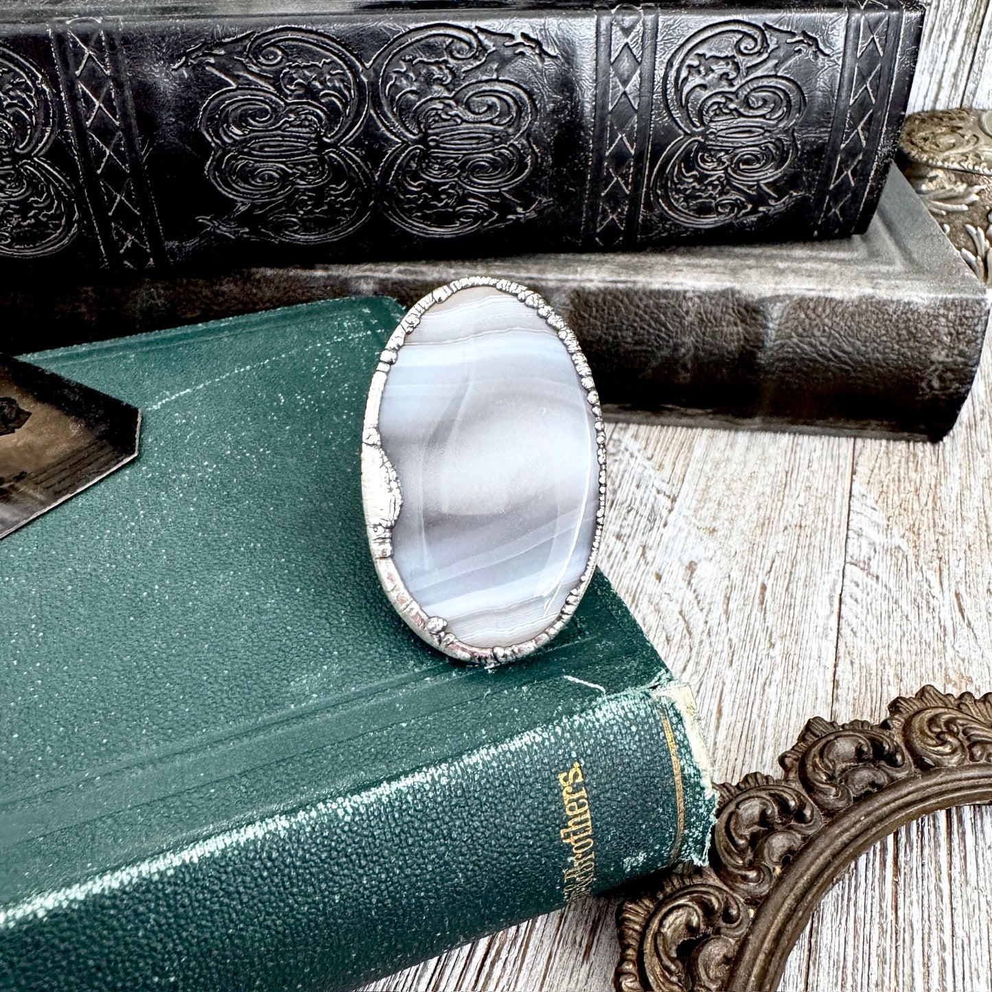 The Colossal Collection - Blue Banded Agate Crystal Ring Set in Fine Silver Size 11 / One of a Kind FOXLARK