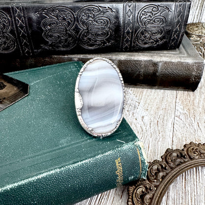 The Colossal Collection - Blue Banded Agate Crystal Ring Set in Fine Silver Size 11 / One of a Kind FOXLARK