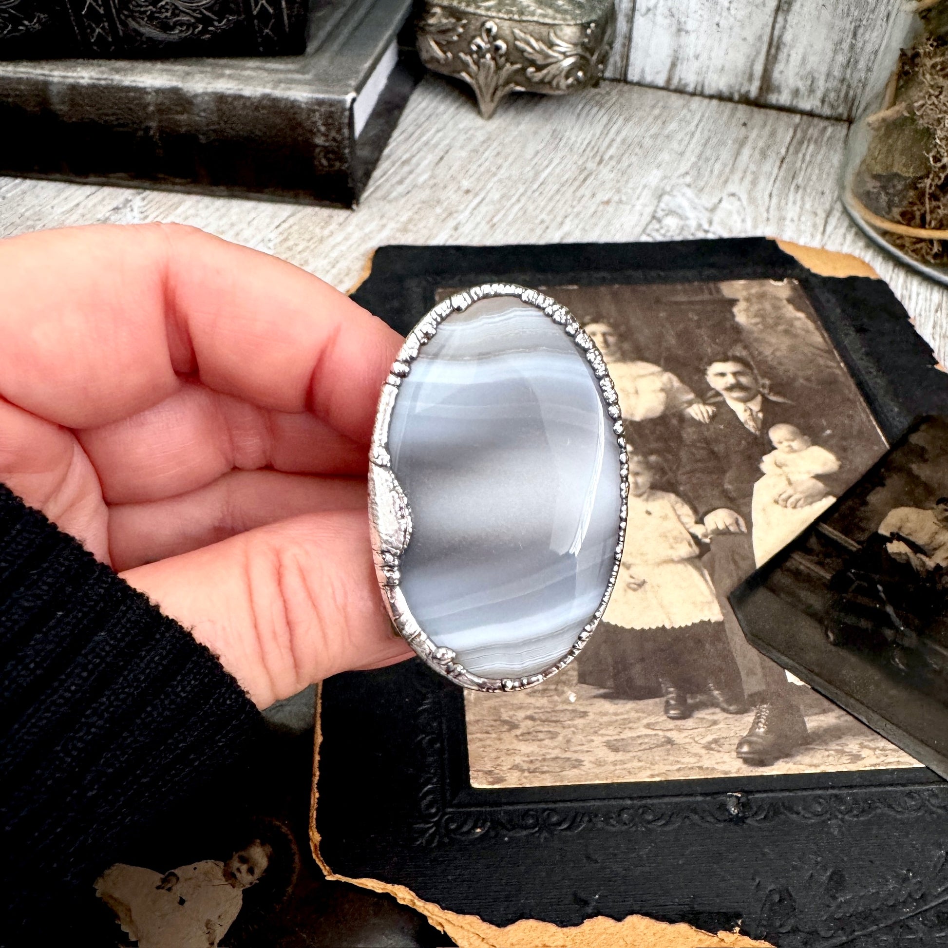 The Colossal Collection - Blue Banded Agate Crystal Ring Set in Fine Silver Size 11 / One of a Kind FOXLARK