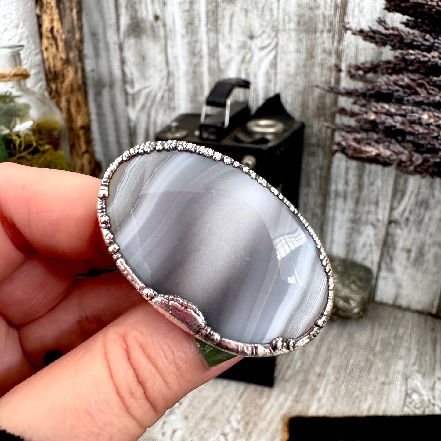 The Colossal Collection - Blue Banded Agate Crystal Ring Set in Fine Silver Size 11 / One of a Kind FOXLARK