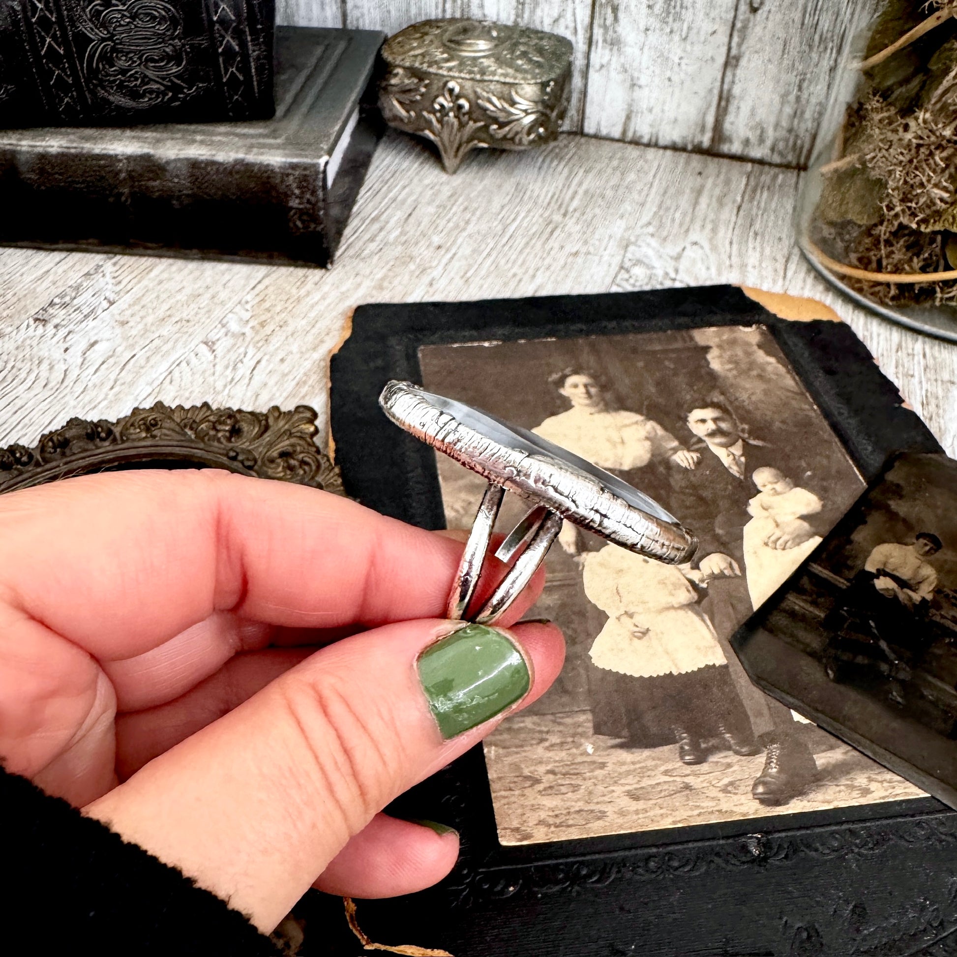 The Colossal Collection - Blue Banded Agate Crystal Ring Set in Fine Silver Size 11 / One of a Kind FOXLARK