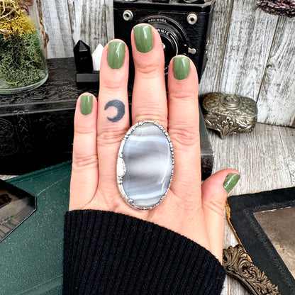 The Colossal Collection - Blue Banded Agate Crystal Ring Set in Fine Silver Size 11 / One of a Kind FOXLARK