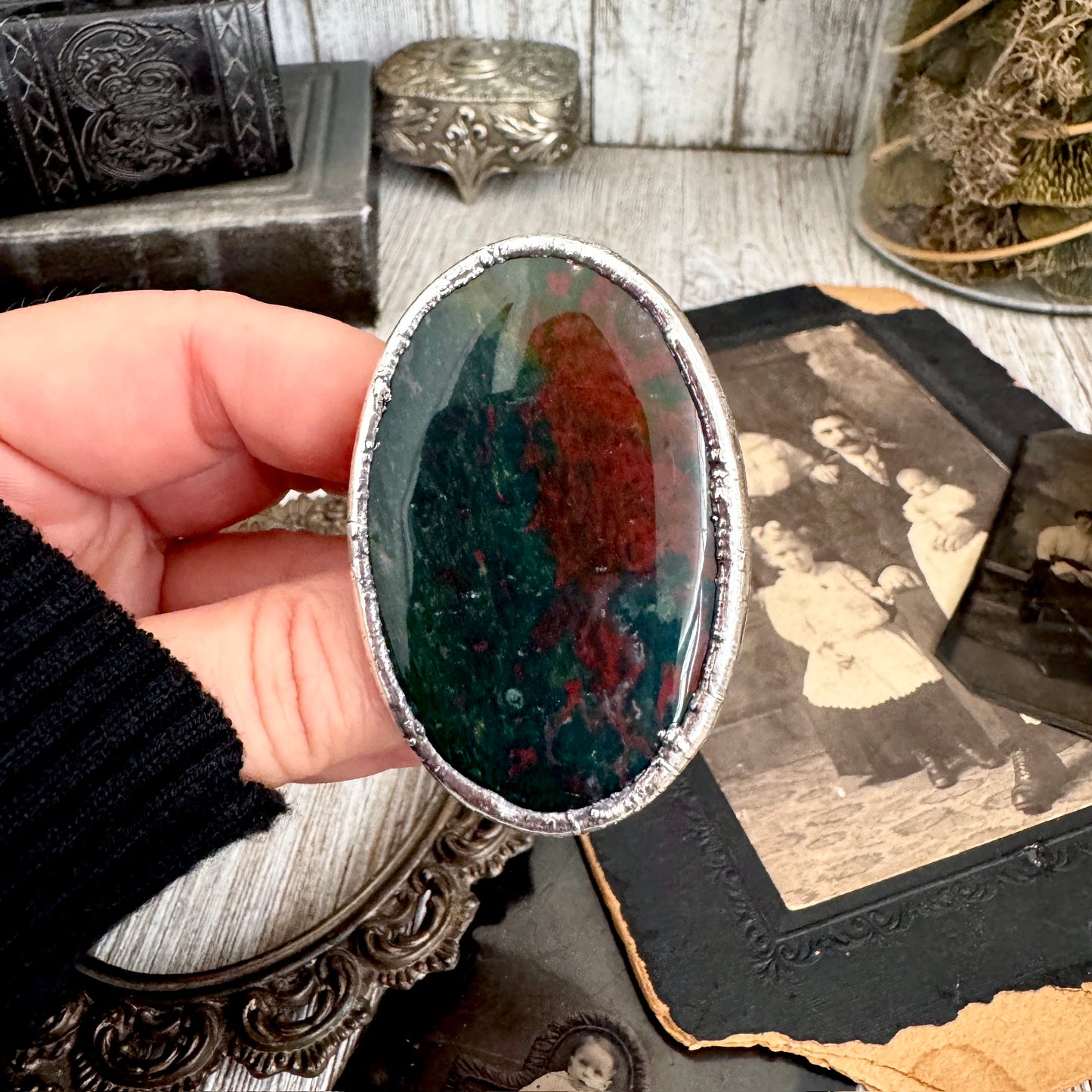 The Colossal Collection - Bloodstone Crystal Statement Ring Size 9 Fine Silver / One Of A Kind