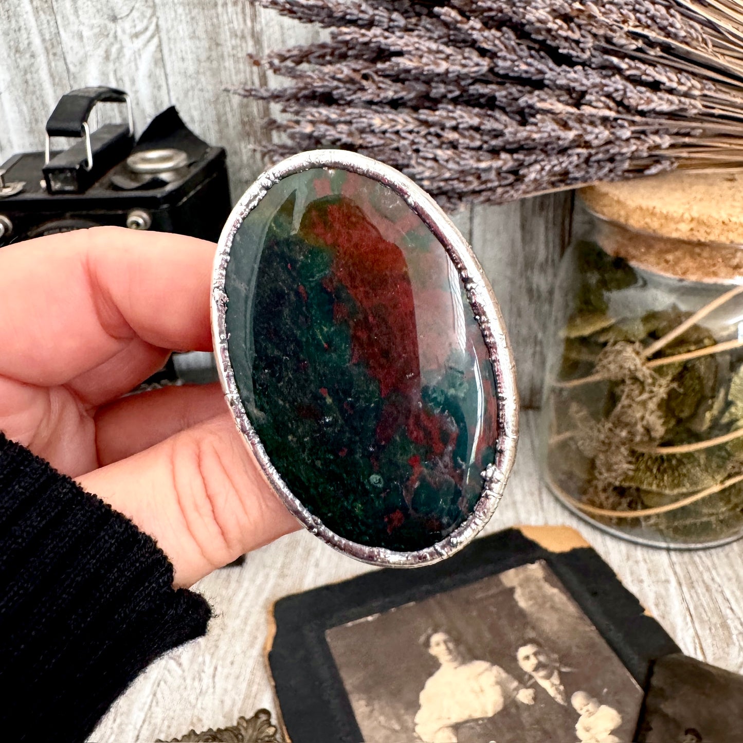 The Colossal Collection - Bloodstone Crystal Statement Ring Size 9 Fine Silver / One Of A Kind