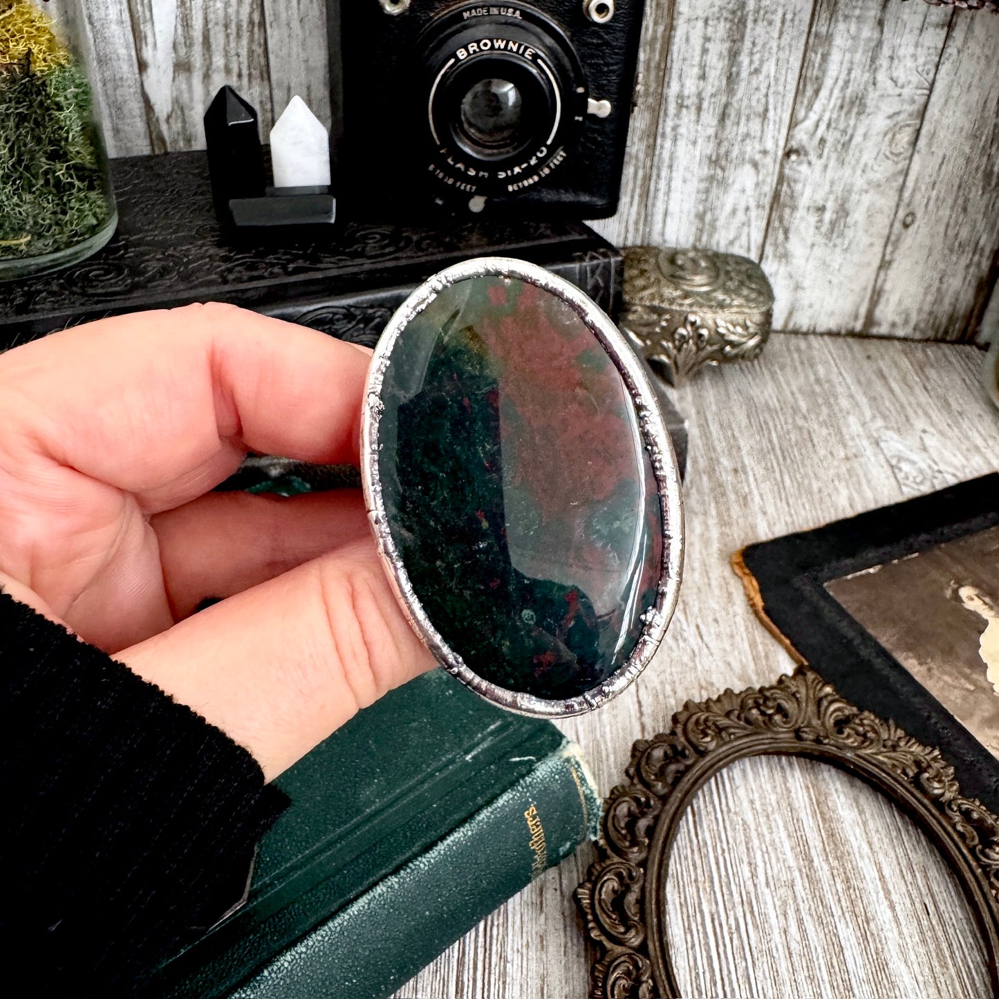 The Colossal Collection - Bloodstone Crystal Statement Ring Size 9 Fine Silver / One Of A Kind
