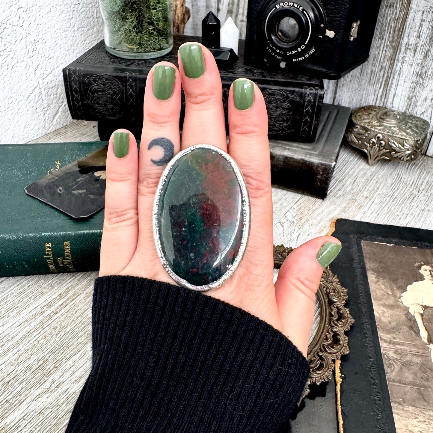 The Colossal Collection - Bloodstone Crystal Statement Ring Size 9 Fine Silver / One Of A Kind