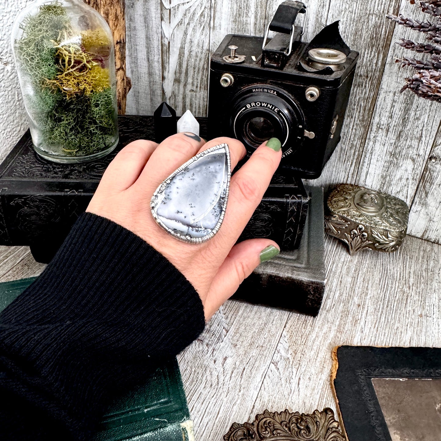 The Colossal Collection -Dendritic Agate Crystal Ring Set in Fine Silver Size 10 / One of a Kind