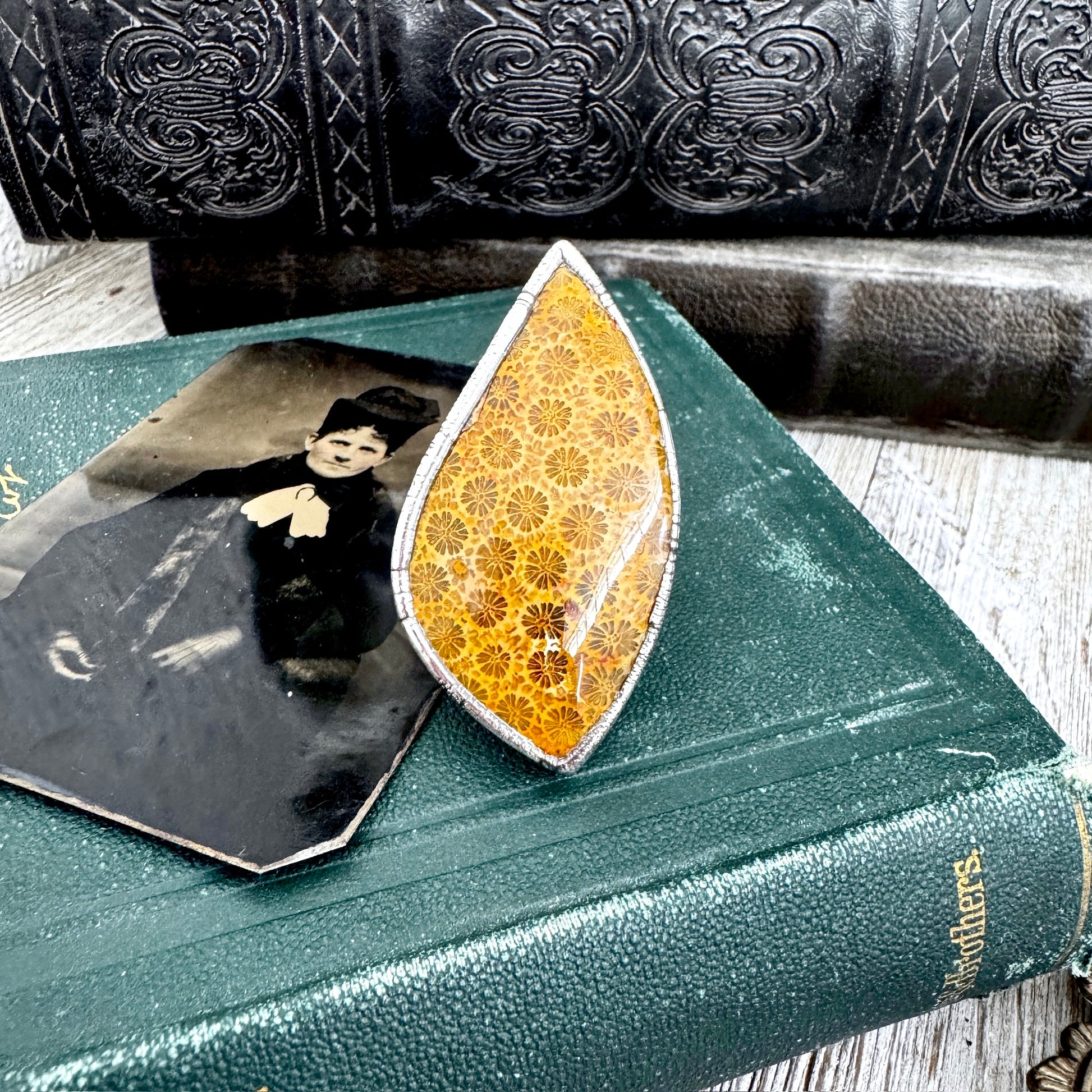 The Colossal Collection - Fossilized Coral Crystal Ring Fine Silver Size 7 / Foxlark Collection - One of a Kind FOXLARK