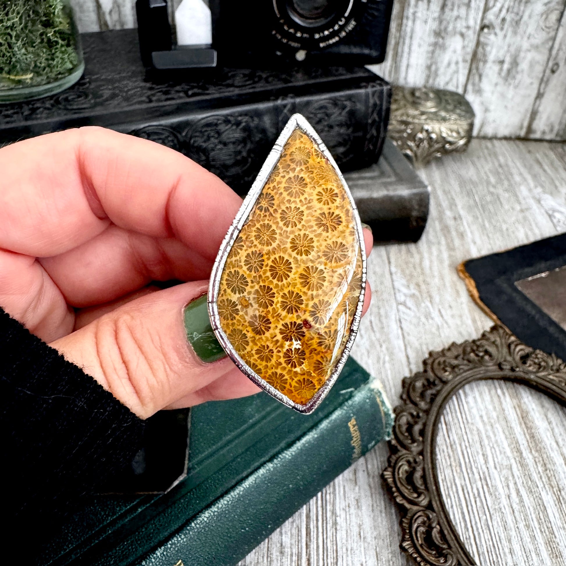 The Colossal Collection - Fossilized Coral Crystal Ring Fine Silver Size 7 / Foxlark Collection - One of a Kind FOXLARK