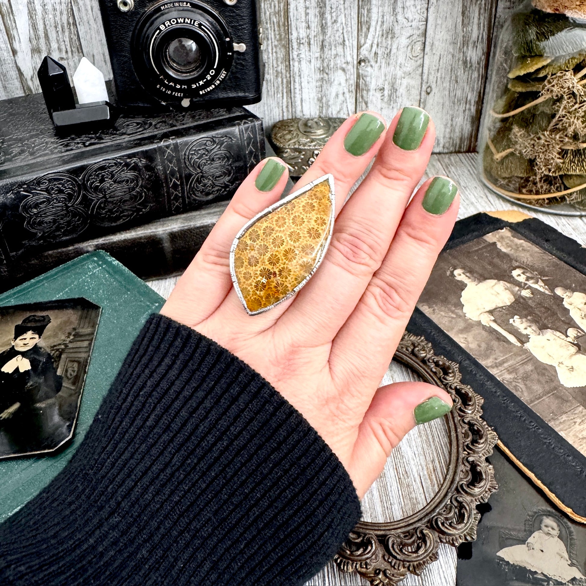 The Colossal Collection - Fossilized Coral Crystal Ring Fine Silver Size 7 / Foxlark Collection - One of a Kind FOXLARK