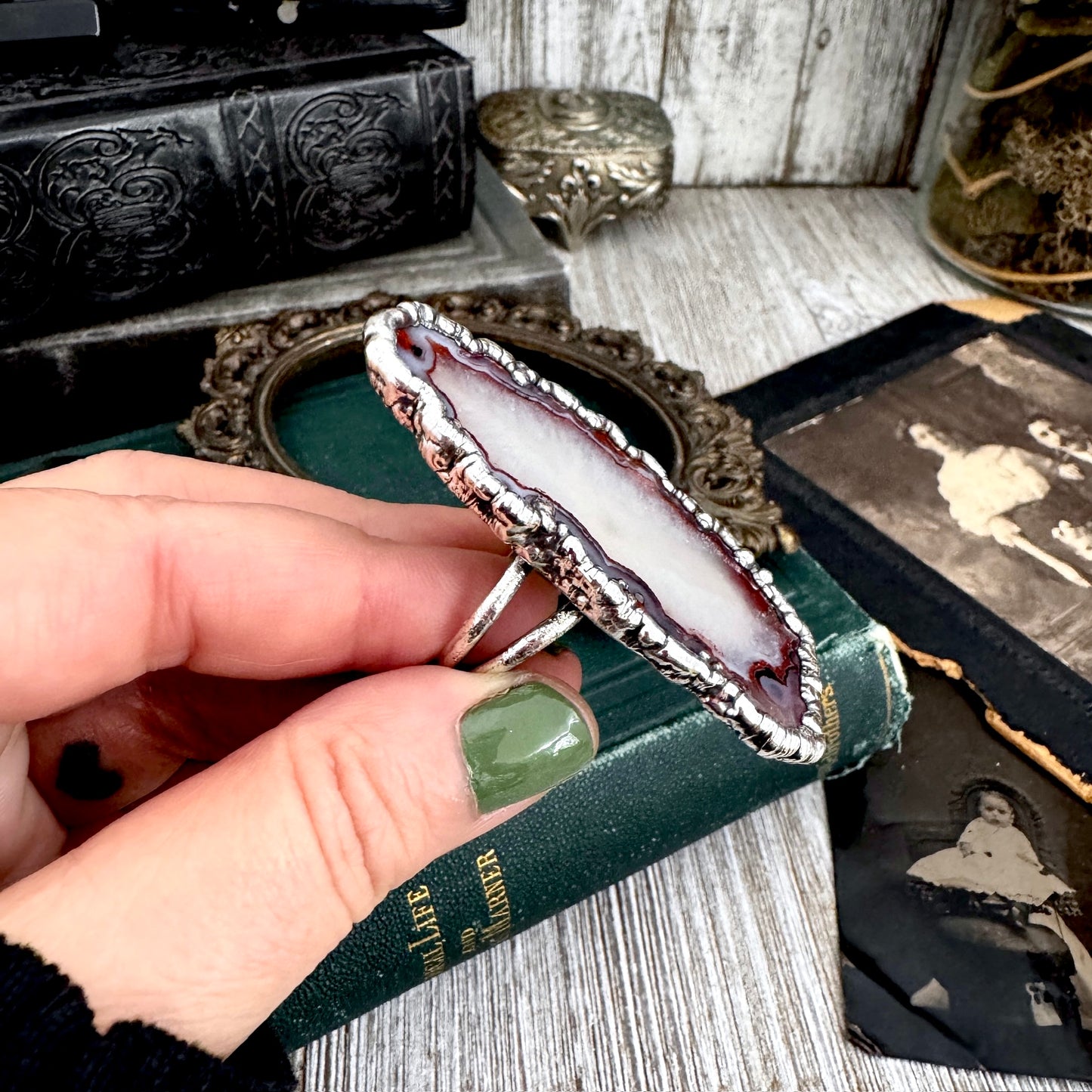 The Colossal Collection - Agate Slice Crystal Ring Fine Silver Size 9.5 / One of a Kind
