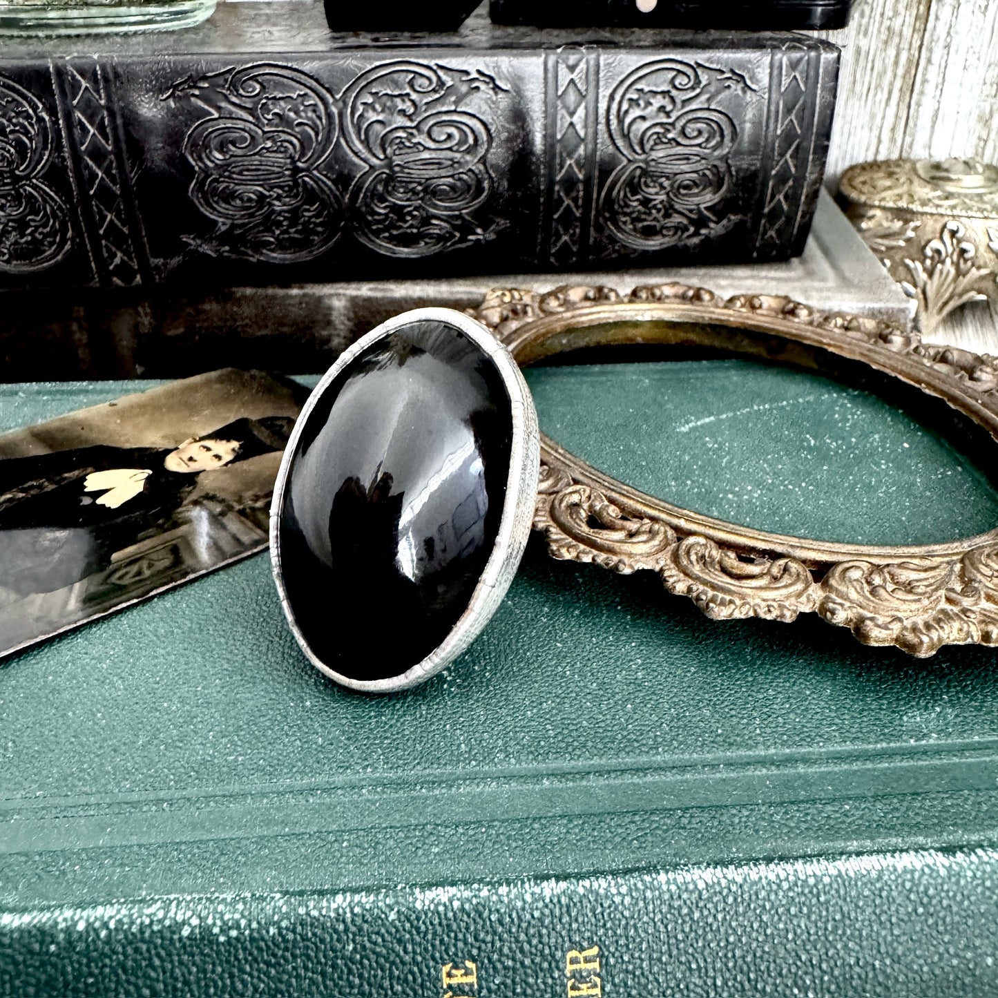 The Colossal Collection - Rainbow/Black Obsidian Crystal Ring Fine Silver Size 8 / One of a Kind