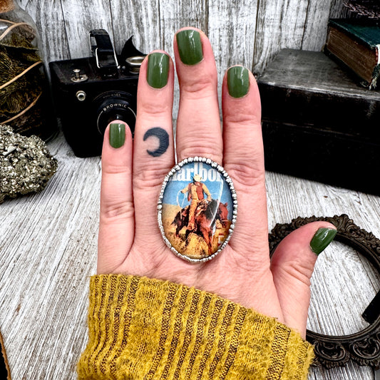 Road To Nowhere  - Cowboy and Horse Vintage Cigarette AD Ring Fine Silver Size 10.5 / One of a Kind