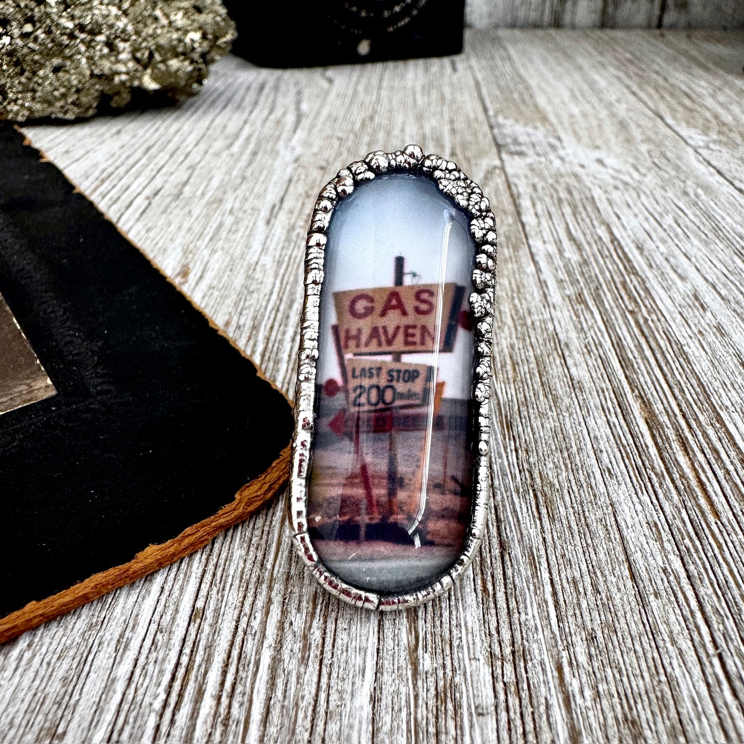 Road To Nowhere  - Gas Station Road Sign Ring Fine Silver Size 6.5 / One of a Kind