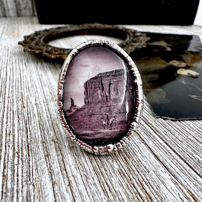 Road To Nowhere  - Cowboy on Horse in Desert Ring Fine Silver Size 9 / One of a Kind