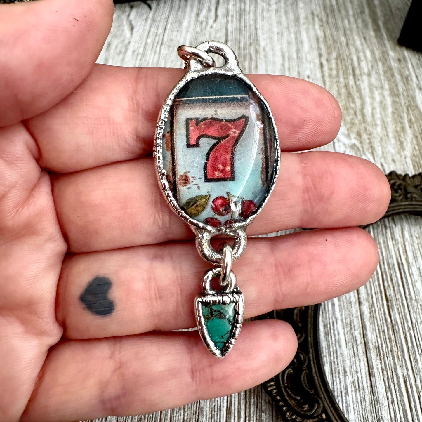 Road To Nowhere - Lucky Number 7 / Slot Machine With Turquoise Charm Necklace Fine Silver - One of a Kind