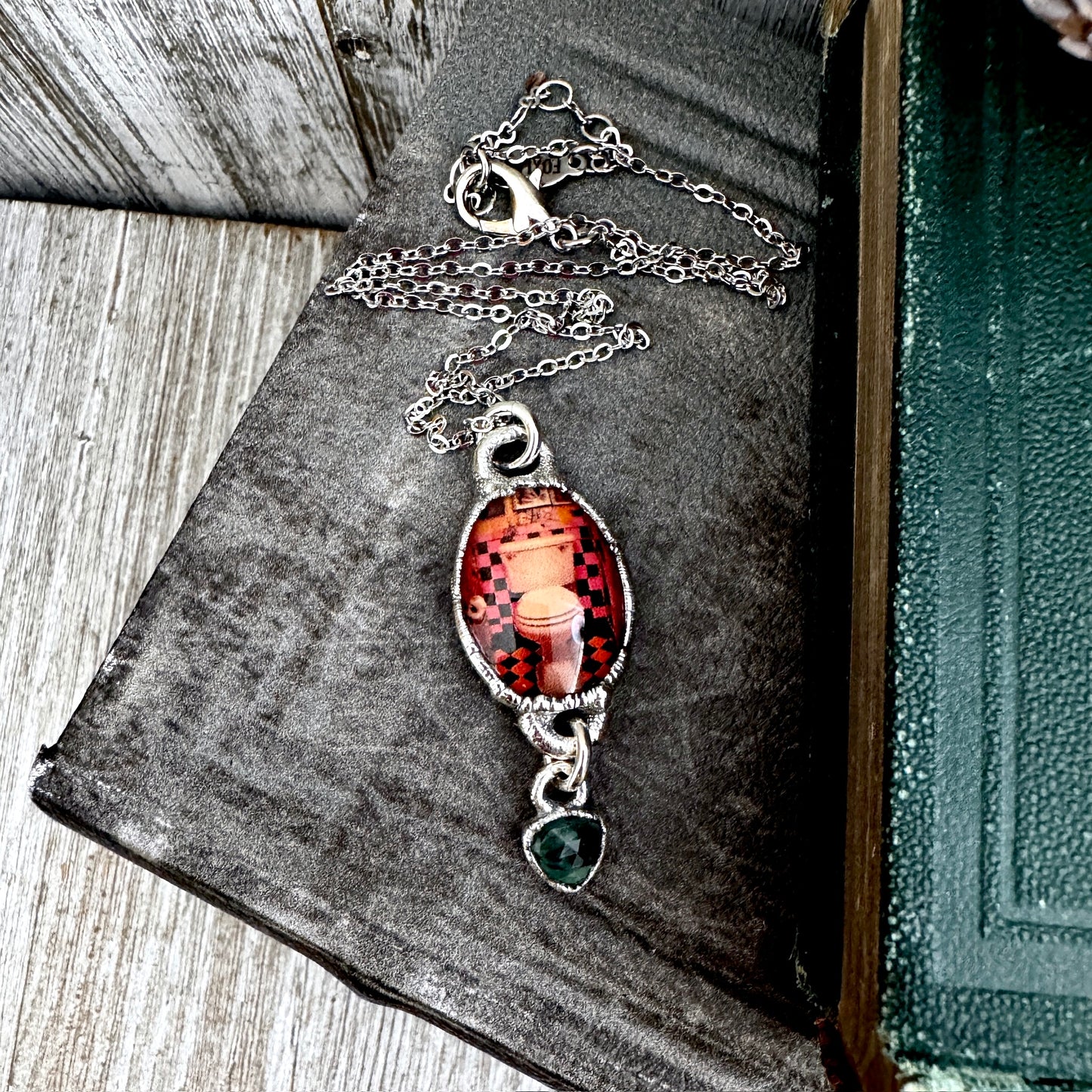Road To Nowhere - Vintage Dive Bar Bathroom Toilet With Emerald Charm Necklace Fine Silver - One of a Kind