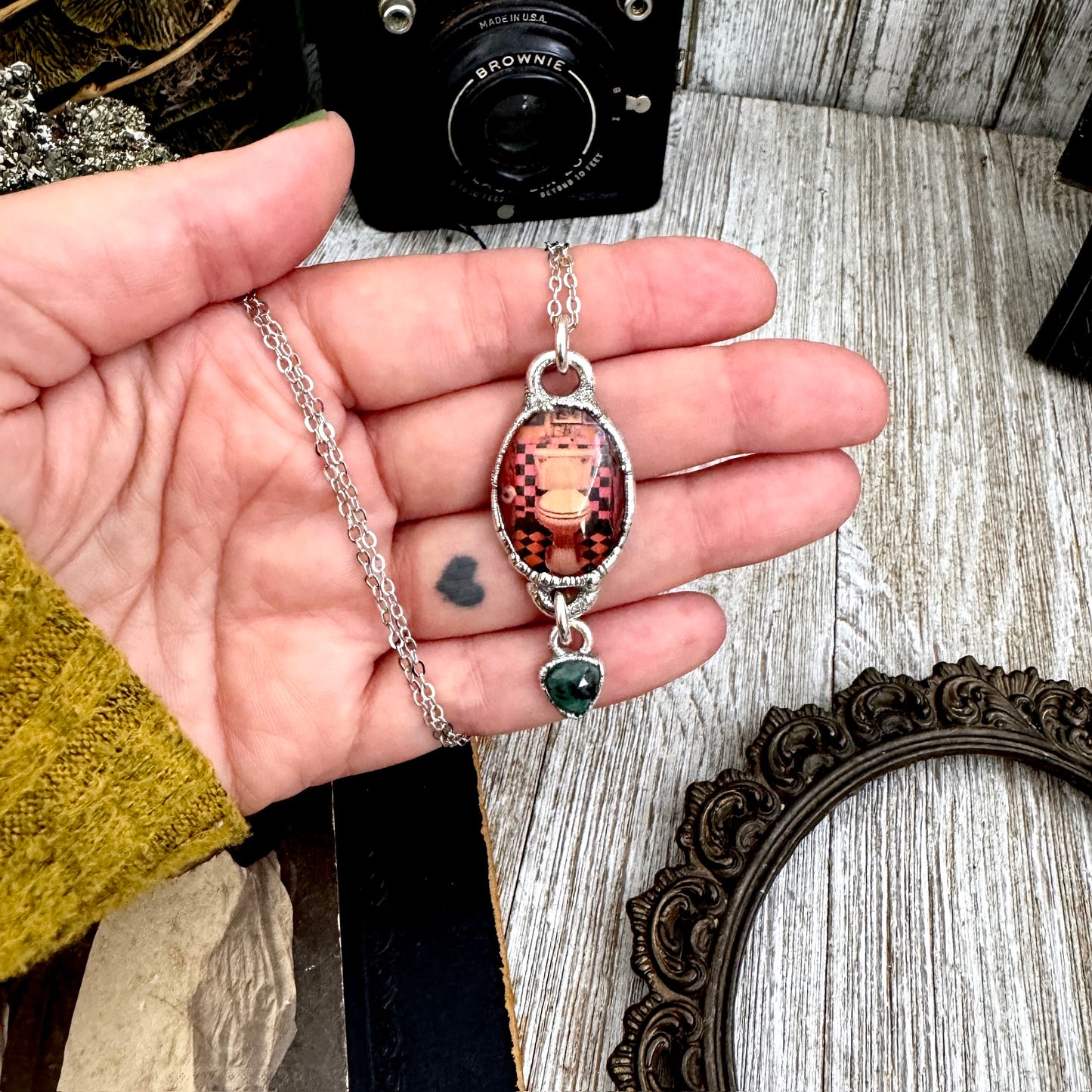 Road To Nowhere - Vintage Dive Bar Bathroom Toilet With Emerald Charm Necklace Fine Silver - One of a Kind