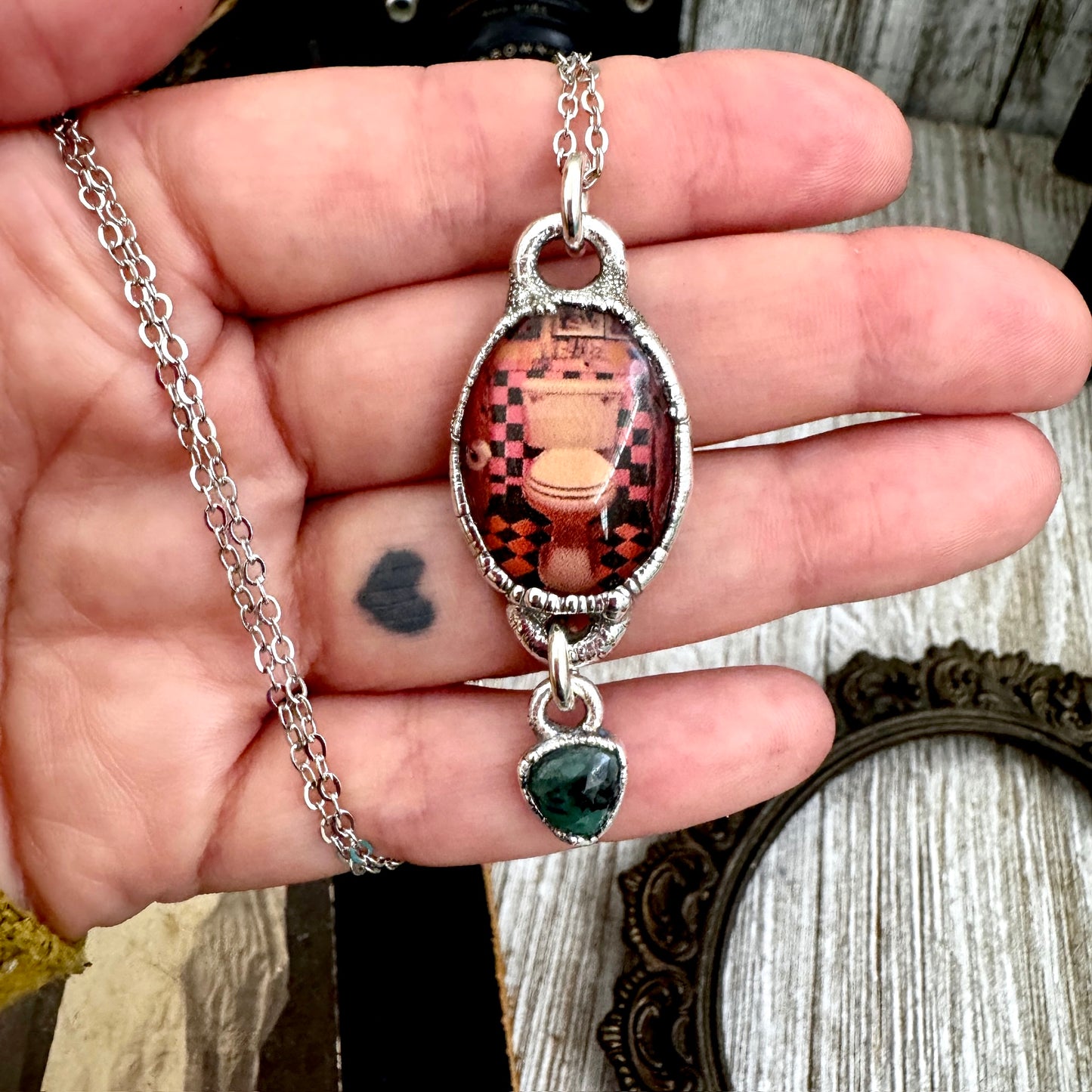 Road To Nowhere - Vintage Dive Bar Bathroom Toilet With Emerald Charm Necklace Fine Silver - One of a Kind