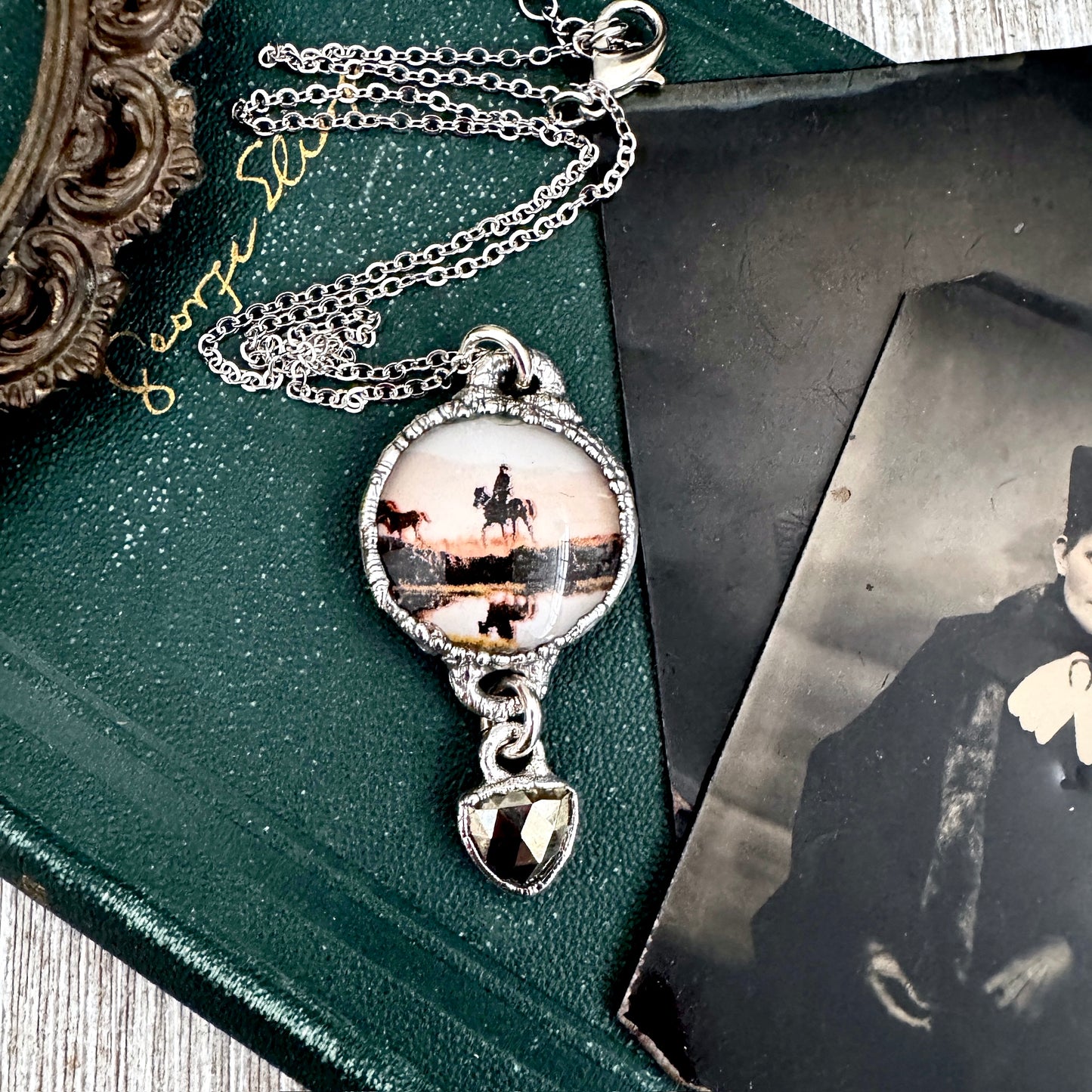 Road To Nowhere - Vintage Cowboy On Horse With Pyrite Charm Necklace Fine Silver - One of a Kind