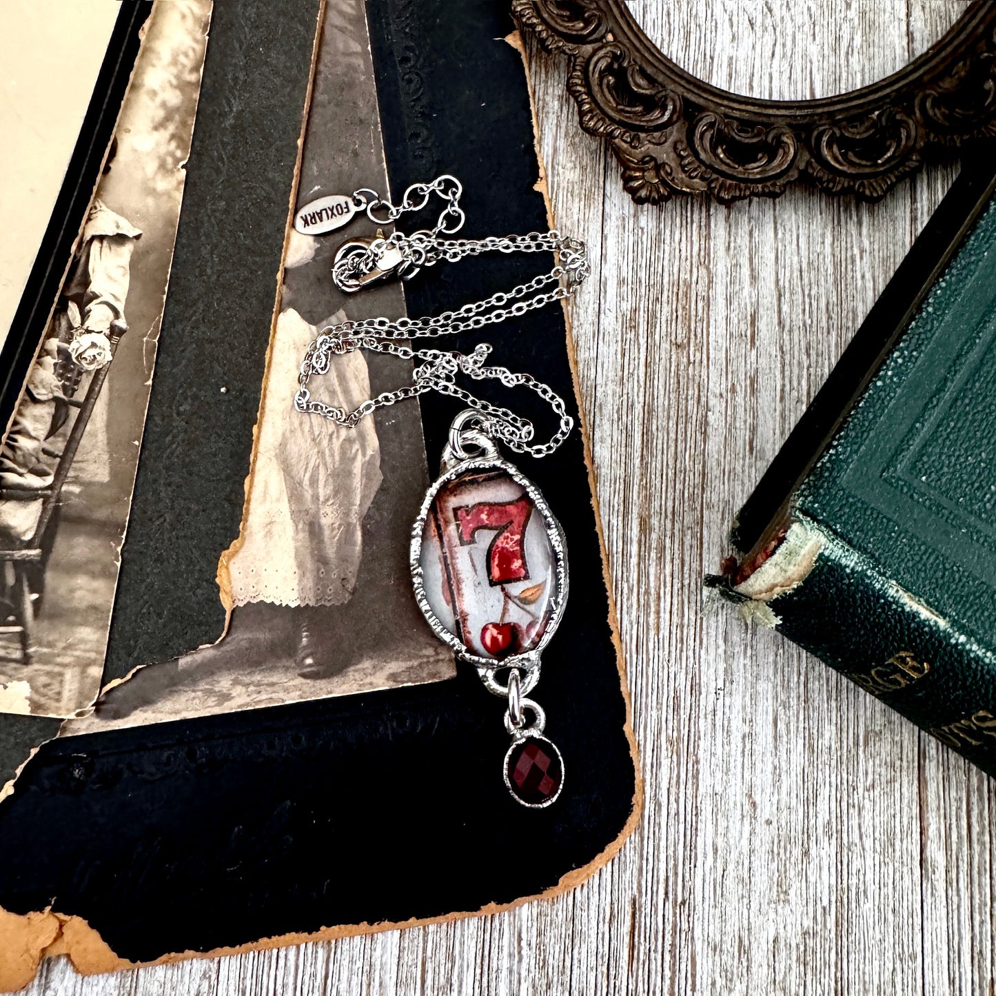 Road To Nowhere - Lucky Number 7 / Slot Machine With Garnet Charm Necklace Fine Silver - One of a Kind