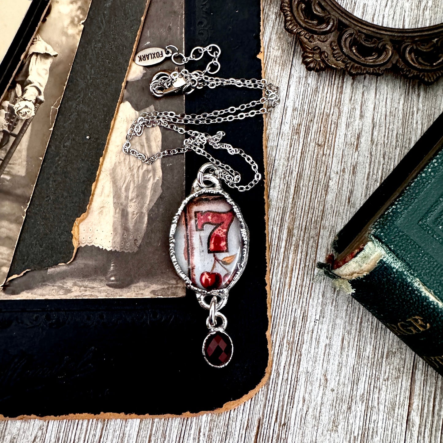 Road To Nowhere - Lucky Number 7 / Slot Machine With Garnet Charm Necklace Fine Silver - One of a Kind