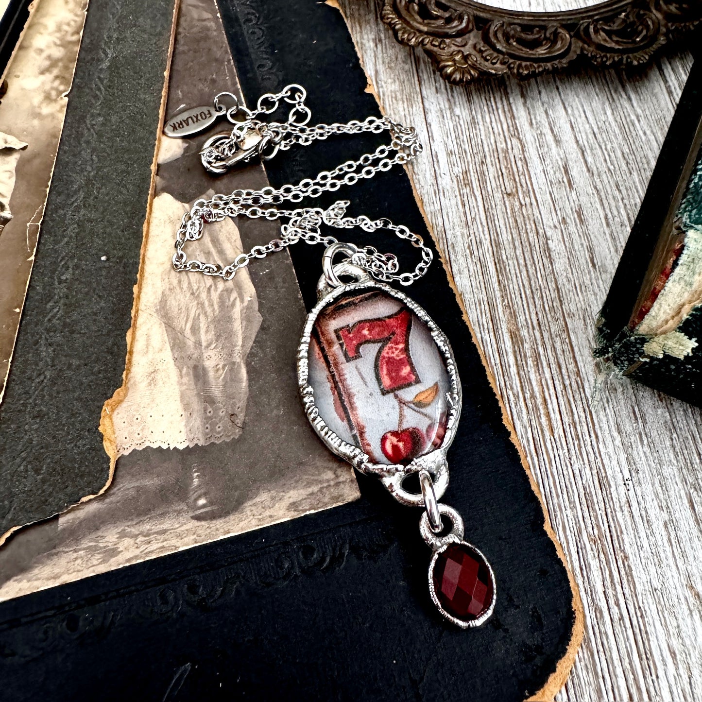 Road To Nowhere - Lucky Number 7 / Slot Machine With Garnet Charm Necklace Fine Silver - One of a Kind